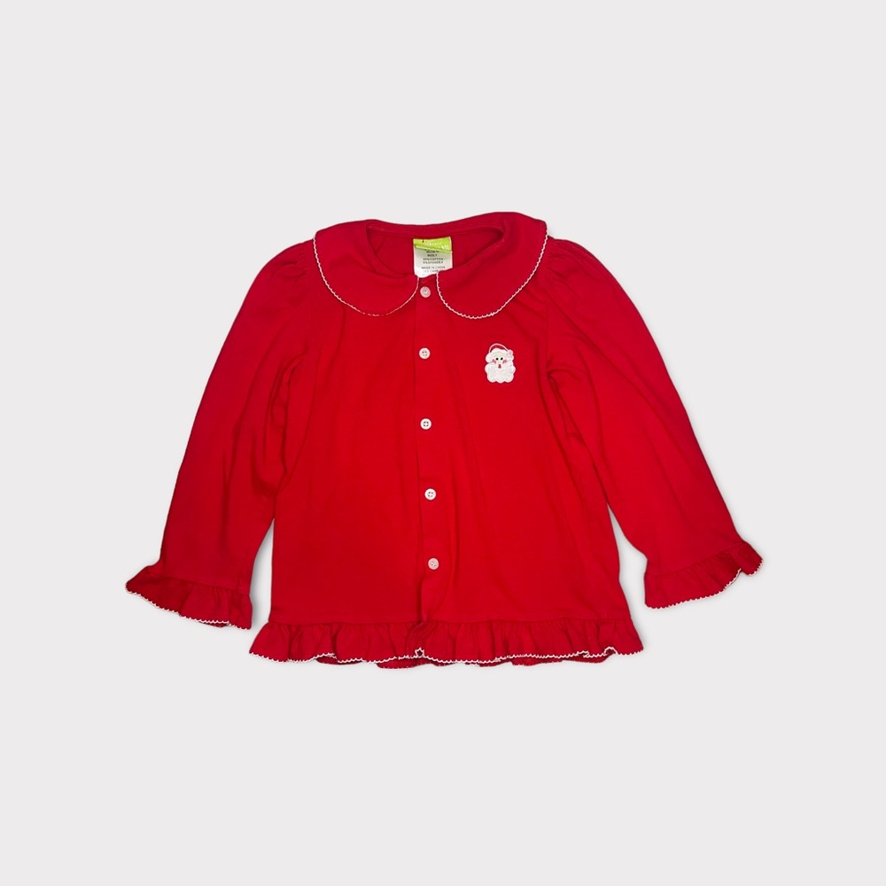 Classic Whimsy Red Collar Holiday Santa Ruffle Trim Pajama Top